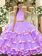 Captivating Sleeveless Organza Floor Length Backless Ball Gown Prom Dress in Lavender with Beading and Ruffled Layers