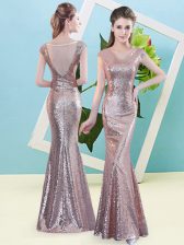 Fine Gold Zipper Prom Dresses Sequins Cap Sleeves Floor Length