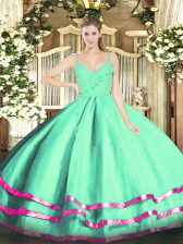 Elegant Apple Green Ball Gowns Spaghetti Straps Sleeveless Organza Floor Length Zipper Ruffled Layers Quinceanera Dresses