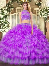 Wonderful Floor Length Backless Quinceanera Gown Purple for Military Ball and Sweet 16 and Quinceanera and Beach with Beading and Ruffled Layers