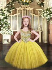 Excellent Gold Lace Up Pageant Gowns For Girls Beading Sleeveless Floor Length