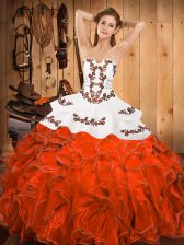  Floor Length Rust Red Sweet 16 Dress Strapless Sleeveless Lace Up