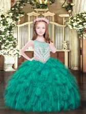  Sleeveless Floor Length Beading and Ruffles Zipper Kids Formal Wear with Turquoise