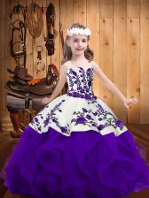  White And Purple Lace Up Glitz Pageant Dress Embroidery and Ruffles Sleeveless Floor Length