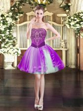  Mini Length Purple Prom Dress Tulle Sleeveless Beading