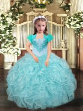  Aqua Blue and Apple Green Straps Lace Up Beading and Ruffles Child Pageant Dress Sleeveless