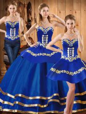 Great Blue Satin and Tulle Lace Up Sweetheart Sleeveless Floor Length Vestidos de Quinceanera Embroidery