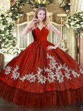 Glorious Wine Red Ball Gowns Satin and Tulle V-neck Sleeveless Embroidery Floor Length Zipper Sweet 16 Dresses