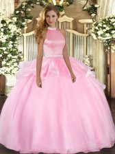 Pink Halter Top Backless Beading and Ruffles Ball Gown Prom Dress Sleeveless