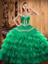  Green Quince Ball Gowns Military Ball and Sweet 16 and Quinceanera with Embroidery and Ruffled Layers Halter Top Sleeveless Lace Up