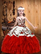 Beauteous Straps Sleeveless Little Girls Pageant Gowns Floor Length Embroidery and Ruffles Red Organza