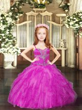  Spaghetti Straps Sleeveless Lace Up Little Girl Pageant Gowns Fuchsia Tulle