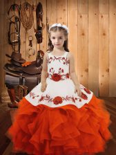 Fashion Orange Red Tulle Lace Up Straps Sleeveless Floor Length Child Pageant Dress Embroidery and Ruffles