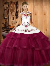 Low Price Fuchsia Ball Gown Prom Dress Military Ball and Sweet 16 and Quinceanera with Embroidery and Ruffled Layers Halter Top Sleeveless Sweep Train Lace Up
