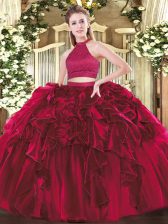 Latest Ball Gowns Quinceanera Gown Fuchsia Halter Top Organza Sleeveless Floor Length Backless