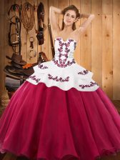  Satin and Organza Strapless Sleeveless Lace Up Embroidery 15th Birthday Dress in Hot Pink