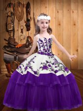  Purple Ball Gowns Straps Sleeveless Organza Floor Length Lace Up Embroidery Girls Pageant Dresses