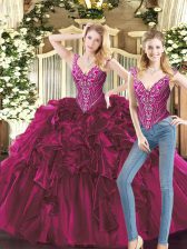 Traditional Fuchsia Organza Lace Up Quinceanera Gowns Sleeveless Floor Length Beading and Ruffles