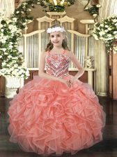 Sweet Floor Length Lace Up Little Girl Pageant Gowns Orange Red for Party and Quinceanera with Beading and Ruffles
