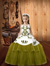 Customized Sleeveless Tulle Floor Length Lace Up Pageant Dress for Womens in Olive Green with Embroidery
