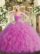  Lilac Ball Gowns V-neck Sleeveless Organza Floor Length Zipper Ruffles Quinceanera Gown