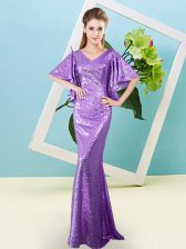  Lavender Sequined Zipper Prom Gown Half Sleeves Floor Length Sequins