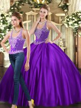 Charming Floor Length Lace Up Quinceanera Gowns Purple for Military Ball and Sweet 16 and Quinceanera with Beading