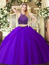 Custom Made Halter Top Sleeveless Zipper Ball Gown Prom Dress Purple Tulle