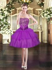 Decent Purple Organza Lace Up Prom Dresses Sleeveless Mini Length Beading and Ruffled Layers