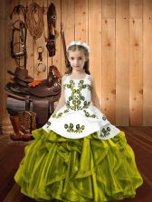 Nice Olive Green Little Girls Pageant Gowns Sweet 16 and Quinceanera with Embroidery and Ruffles Straps Sleeveless Lace Up