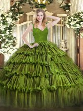 Superior Floor Length Olive Green Quinceanera Dresses Organza Sleeveless Beading and Ruffled Layers