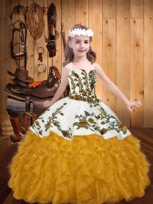  Floor Length Lace Up Evening Gowns Gold for Party and Sweet 16 and Quinceanera and Wedding Party with Embroidery and Ruffles