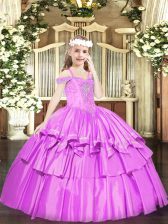 Custom Design Lilac Ball Gowns Beading and Ruffled Layers Pageant Dress for Girls Lace Up Organza Sleeveless Floor Length