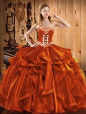  Floor Length Rust Red 15 Quinceanera Dress Organza Sleeveless Embroidery