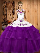 Romantic Purple Halter Top Neckline Embroidery and Ruffled Layers Quinceanera Dress Sleeveless Lace Up
