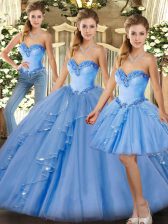 Fantastic Baby Blue Lace Up Sweetheart Beading and Ruffles Quinceanera Dresses Organza Sleeveless