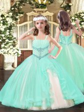  Floor Length Lace Up Little Girls Pageant Gowns Apple Green for Party and Quinceanera with Beading