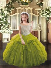 Wonderful Olive Green Off The Shoulder Lace Up Beading and Ruffles Custom Made Pageant Dress Sleeveless