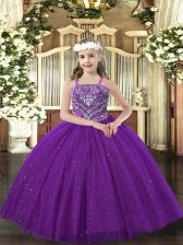 Custom Made Purple Ball Gowns Beading Little Girl Pageant Dress Lace Up Tulle Sleeveless Floor Length