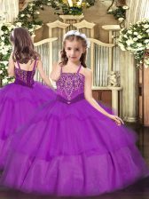 Popular Purple Sleeveless Organza Lace Up Girls Pageant Dresses for Party and Quinceanera