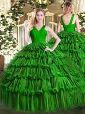  Sleeveless Organza Floor Length Zipper Quinceanera Dresses in Dark Green with Ruffled Layers