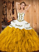 Dramatic Strapless Sleeveless Lace Up Quinceanera Dress Gold Satin and Organza