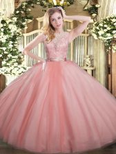 Lovely Ball Gowns Sweet 16 Dress Baby Pink Scoop Tulle Sleeveless Floor Length Backless