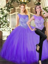  Eggplant Purple Ball Gowns Beading Sweet 16 Dresses Zipper Tulle Sleeveless Floor Length
