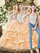  Peach Ball Gowns Scoop Sleeveless Organza Floor Length Zipper Beading and Ruffled Layers Vestidos de Quinceanera