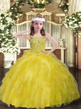  Sleeveless Lace Up Floor Length Beading and Ruffles Little Girls Pageant Dress