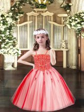  Coral Red Sleeveless Tulle Lace Up Little Girl Pageant Dress for Party and Quinceanera