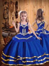  Floor Length Royal Blue Little Girls Pageant Gowns Straps Sleeveless Lace Up
