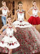 Best Multi-color Lace Up Halter Top Embroidery Vestidos de Quinceanera Fabric With Rolling Flowers Sleeveless Sweep Train