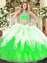 New Style Multi-color Backless Quince Ball Gowns Beading and Ruffles Sleeveless Floor Length